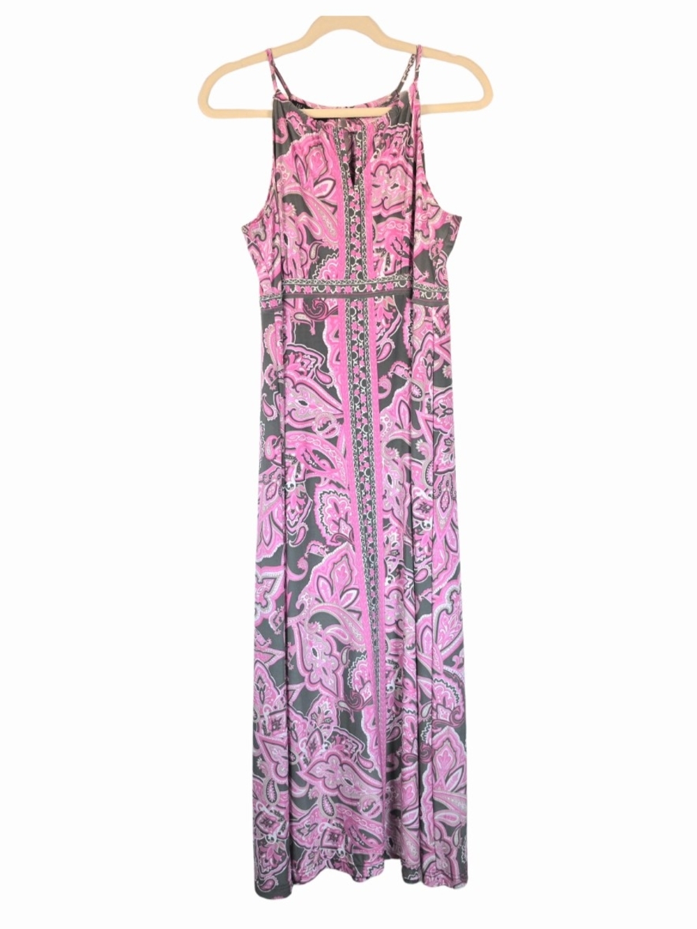 INC Women's Boho Retro-Glam Pink & Grey Paisley Slinky Halter Maxi Dress Size XL